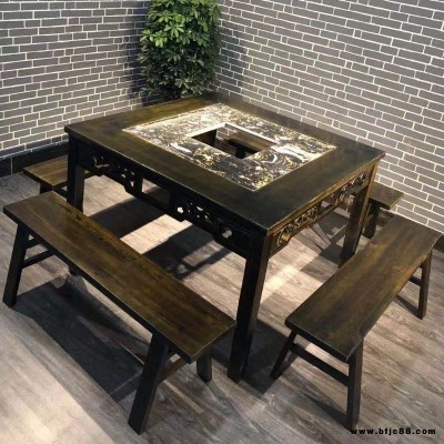 正方形火鍋?zhàn)雷?四方桌實(shí)木電磁爐一體餐桌椅 仿古餐桌實(shí)木八仙桌批發(fā)