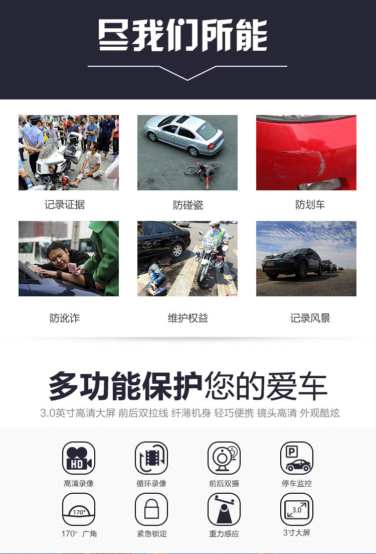 工廠批發3.0黑金剛高清屏行車記錄儀夜視廣角停車監控記錄儀示例圖28